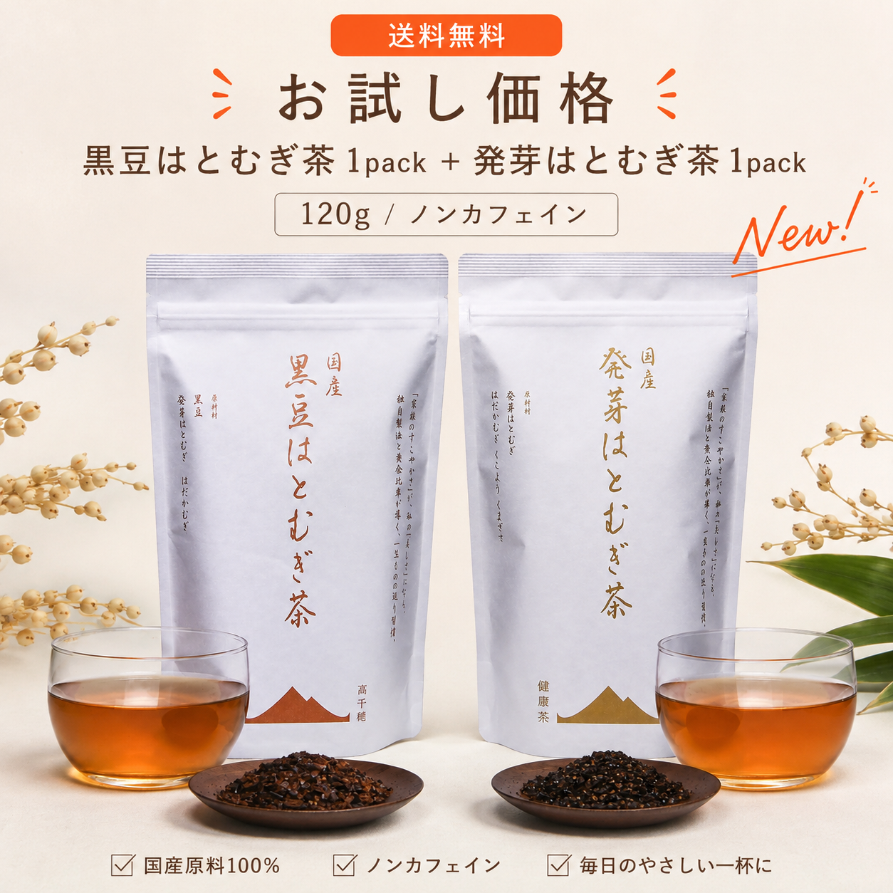 ＜送料無料+お試し価格＞黒豆はとむぎ茶 +発芽はとむぎ茶 各1pack(120g) ノンカフェイン